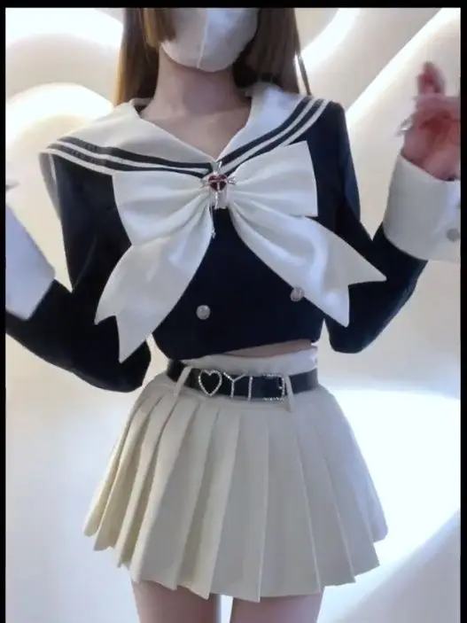 

Japan Jk Women'S Suit Contrasting Color Stitching Bow Long Sleeve Navy Collar Korean Style High-Waist Skirt With High-End Design