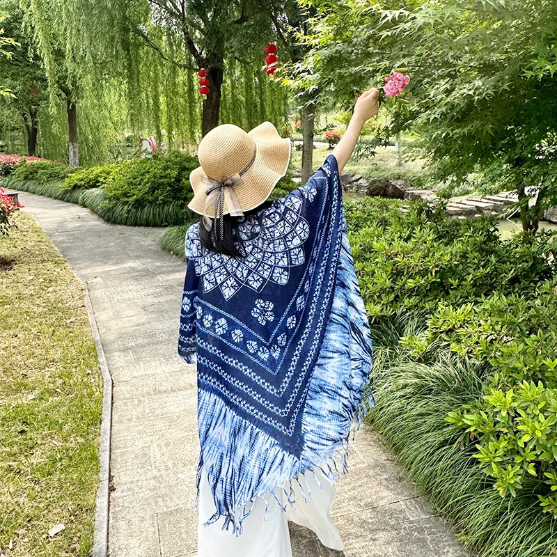 

Spring and Summer Travel Ethnic Style Cotton and Hemp Flower Print Women Elegant Chiffon Summer Beach Sunscreen Thin Shawl YC801