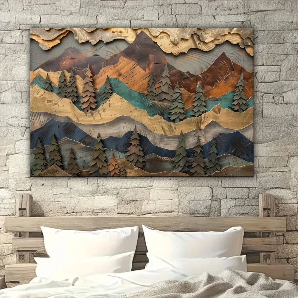 

1.5 "chunky pine frame Mountain and pine forest Wall art - handcrafted canvas poster with serene landscape design