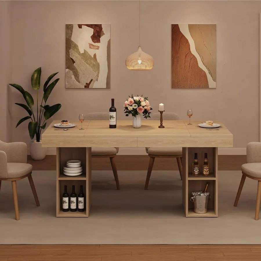 Dining Table for 6 with Dual Side Storage, 63inch Large Rectangular Dinner Table with Double Pedestal amp Large Tabletop, Wooden