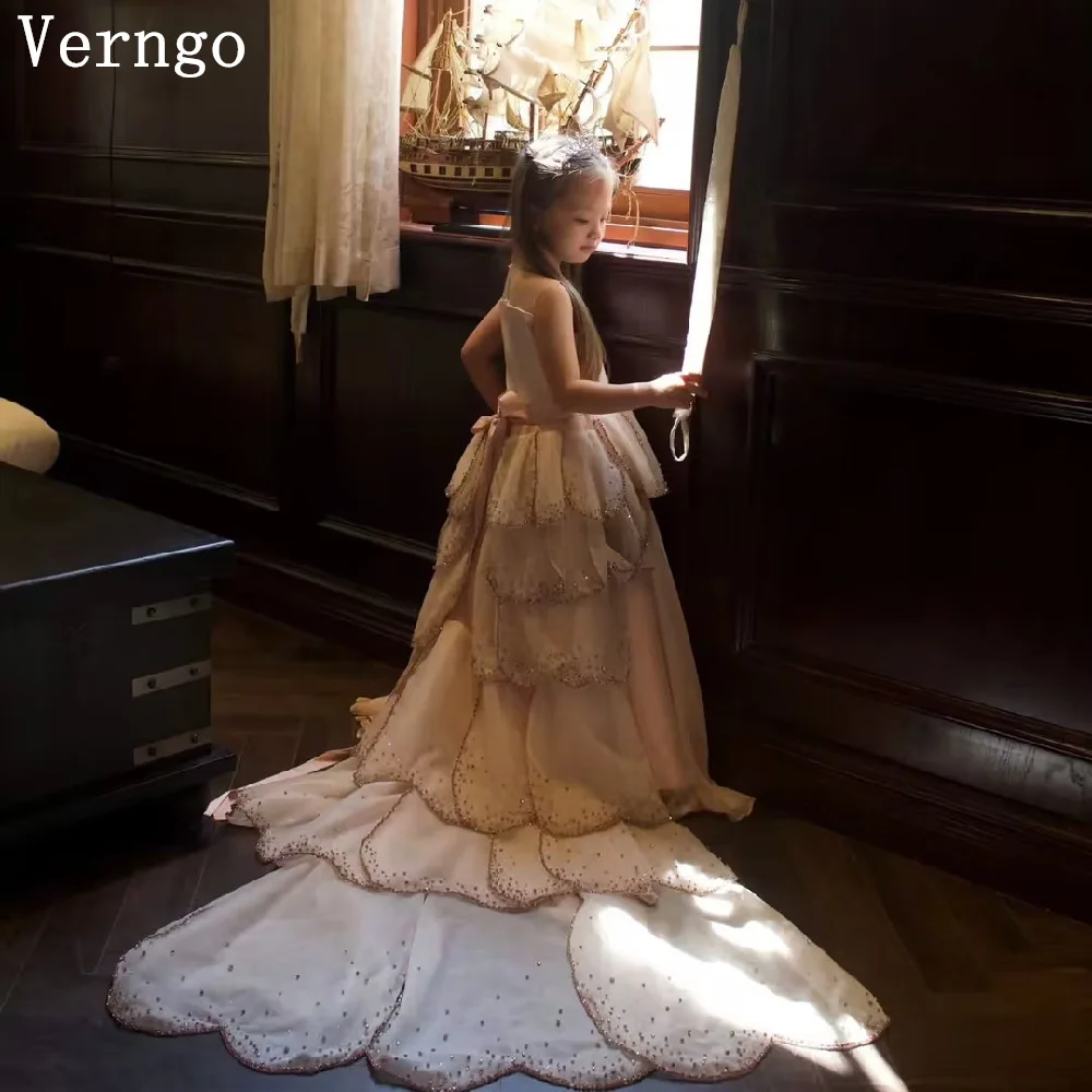 Verngo Luxury Pink Satin Girl Birthday Party Dress O Neck Sleeveless Sequine Celebrity Tiered Flowers Dress Customized