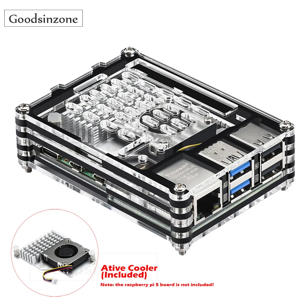 Raspberry Pi 5 Acrylic Case with Cooling Fan Kit, Pi5 Case Active Cooler Heatsink Box Shell for Raspberry Pi 5 4GB/8GB
