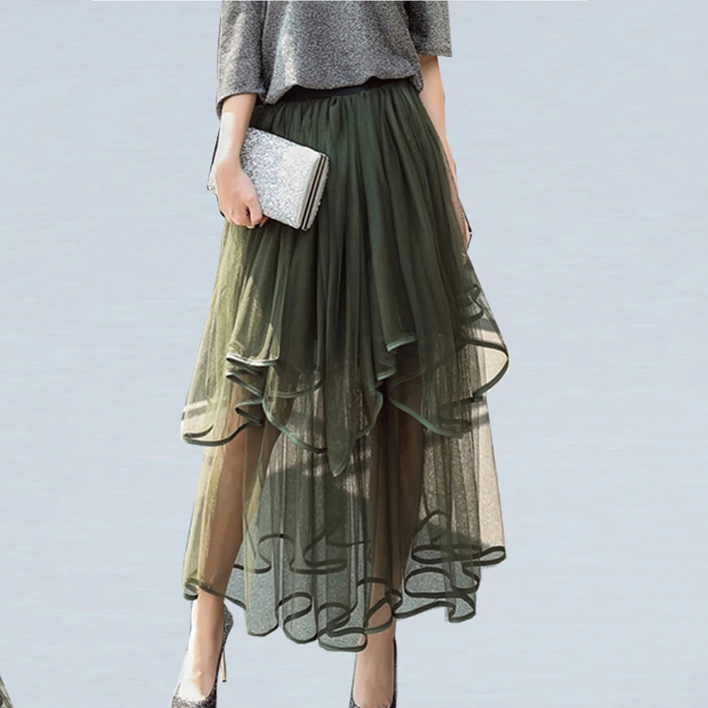 BABYONLINE Women's Asymmetrical Tulle Skirt Fashion High Street Dress Elastic Waist Ribbon Edge Casual Party Evening Underskirt