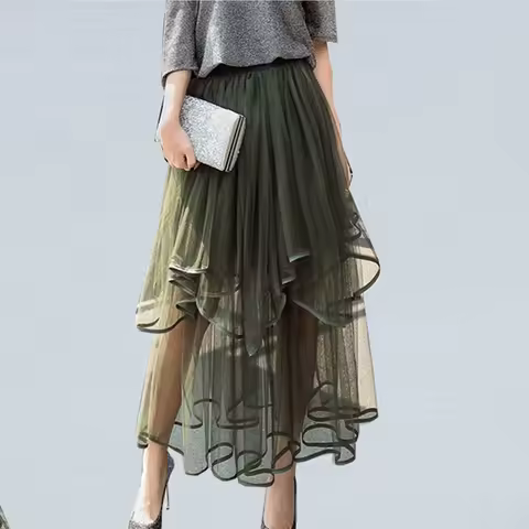 BABYONLINE Women's Asymmetrical Tulle Skirt Fashion High Street Dress Elastic Waist Ribbon Edge Casual Party Evening Underskirt