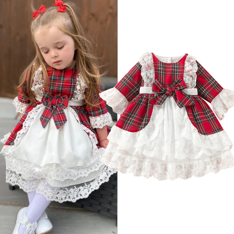 New Year Xmas Costumes Princess Christmas Girls Red Dress Kid Children Toddler Plaid Print Bow Lace Tutu Party Dresses