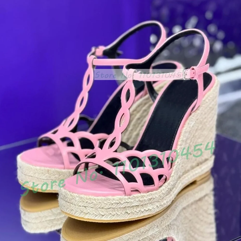 

Pink Cross Strap Rope Wedge Sandals Women Sweet Openwork Detail Beige Platform Shoes Ladies Summer Party Showy T-strap Sandals