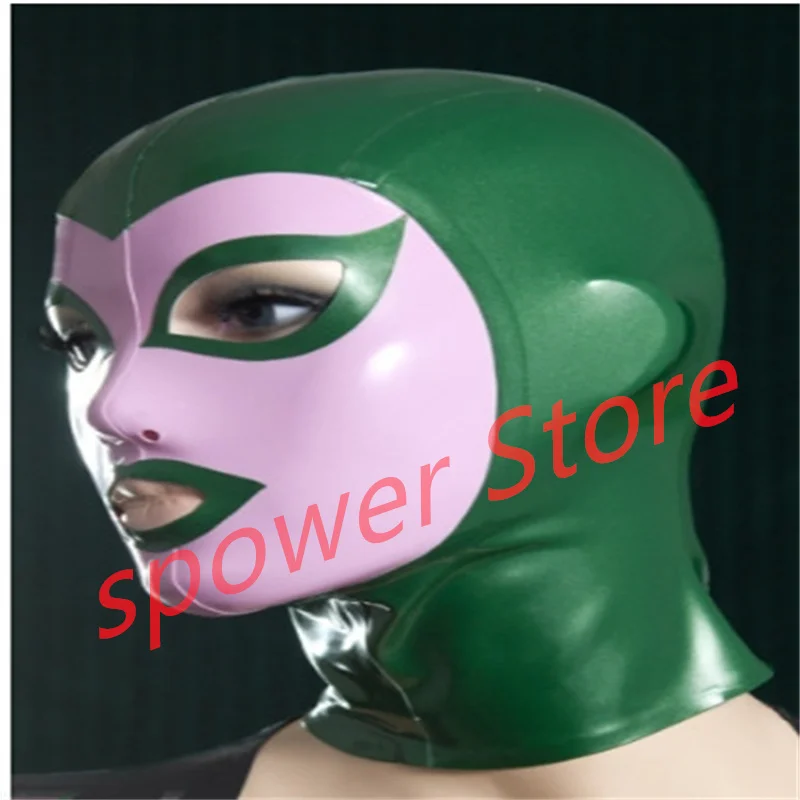 

Natural Latex Full Head Latex Hoods Rubber Mask Fetish Cosplay Costumes Green with White Trim Back Zip Club Wear