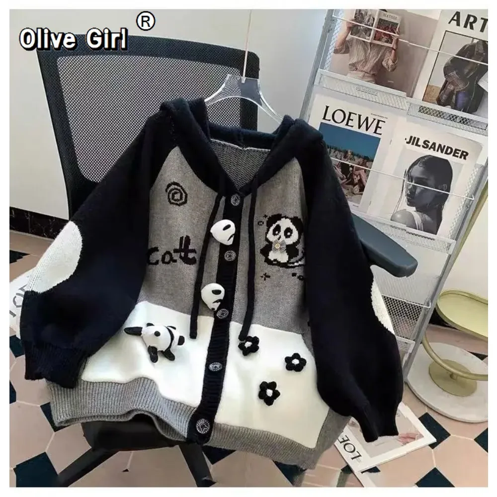 Olivegirl Cute Panda Hoodie Knitted Cardigan Sweater Jacket for Men and Women Spring Autumn Loose Lazy Knittedwear Sweatshirt