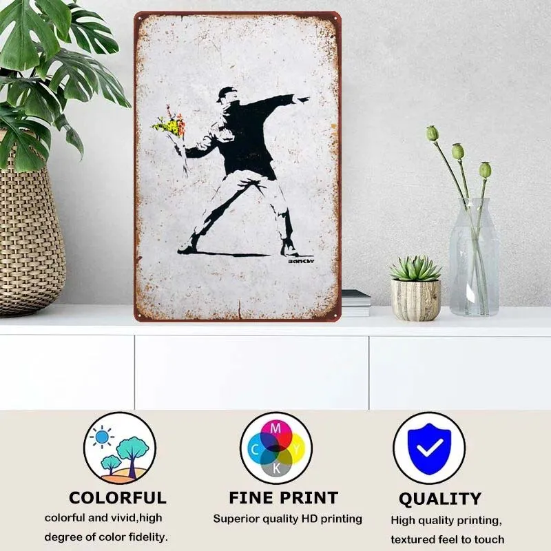 Custom Metal Sign Plate Room Decoration Banksy Flower Thrower House Decor for Pub Club Coffee Bar Garage Retro Wall Decoration