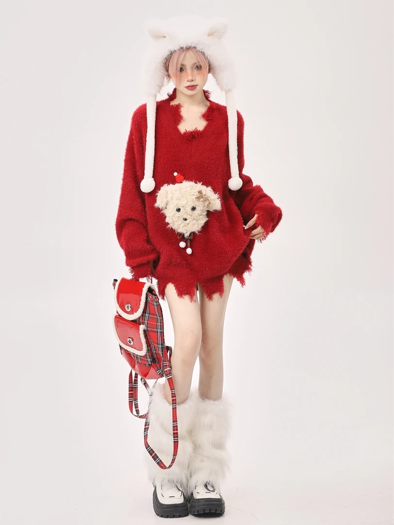 

New Year 2025 Women's Loose Red V-Ne Sweater Sweet Sle Autumn Winter Lazy Faion Knitted Top for Chinese Zodiac Year