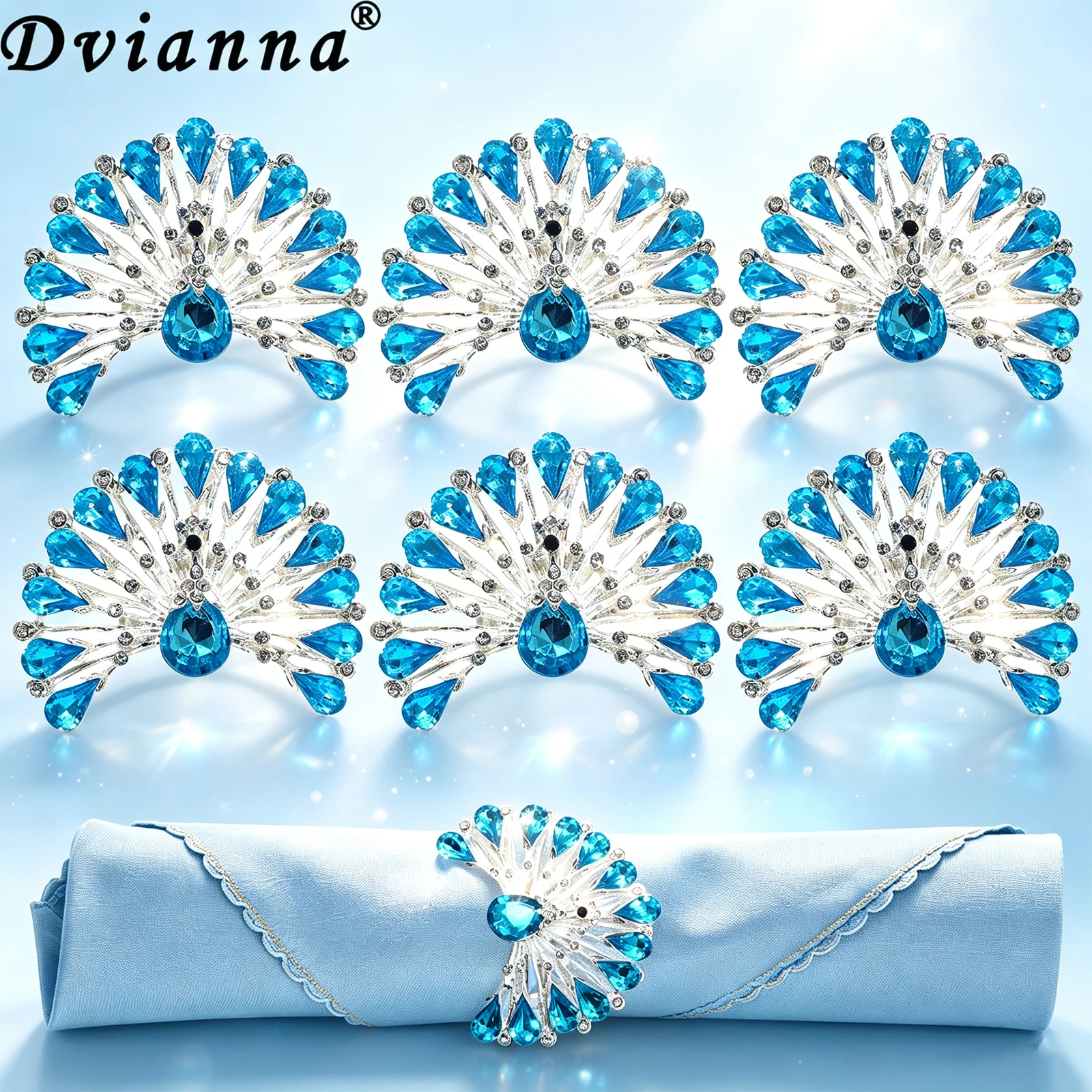 Dvianna Peacock Napkin Rings Metal Blue Rhinestone Napkin Holders Set of 6 Wedding Banquet Table Decorations