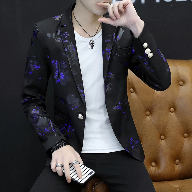 

Printed Slim Fit Men's Casual Korean Sle Suit Jaet Youthful Student Faion Outerwear Spring Long Sve Single Button