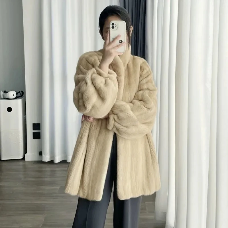 High-end Socialite Mink New Two-color gold mink Stand collar Imitation mink Coat 2026 Women's Medium long Thick Parka Overcoat