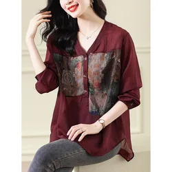 Fashion V-Neck Printed Spliced Diamonds Blouses Women's Clothing 2023 Autumn Winter Oversized Commuter Tops Asymmetrical Shirts