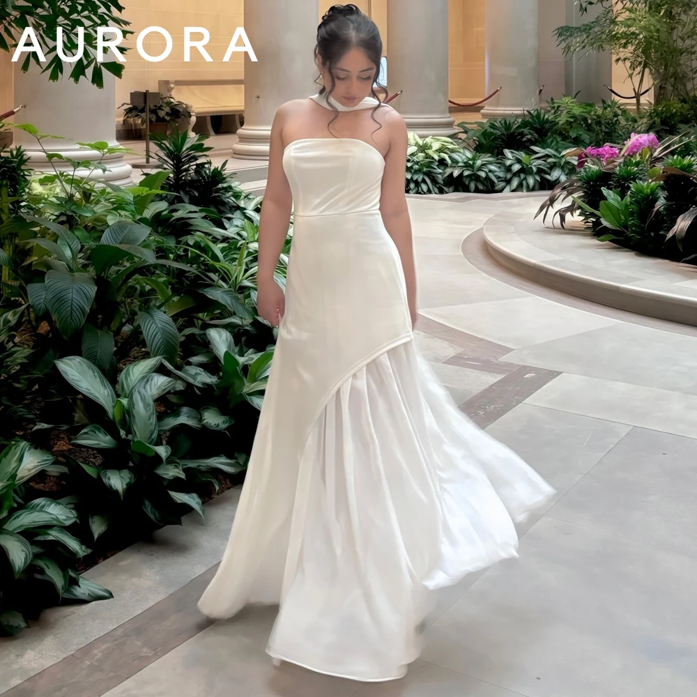 Aurora Elegant Vintage White Satin Strapless Floor-Length A Line Flowy Simple Evening Gown Dress Sleevelessشارون سعيد Customized