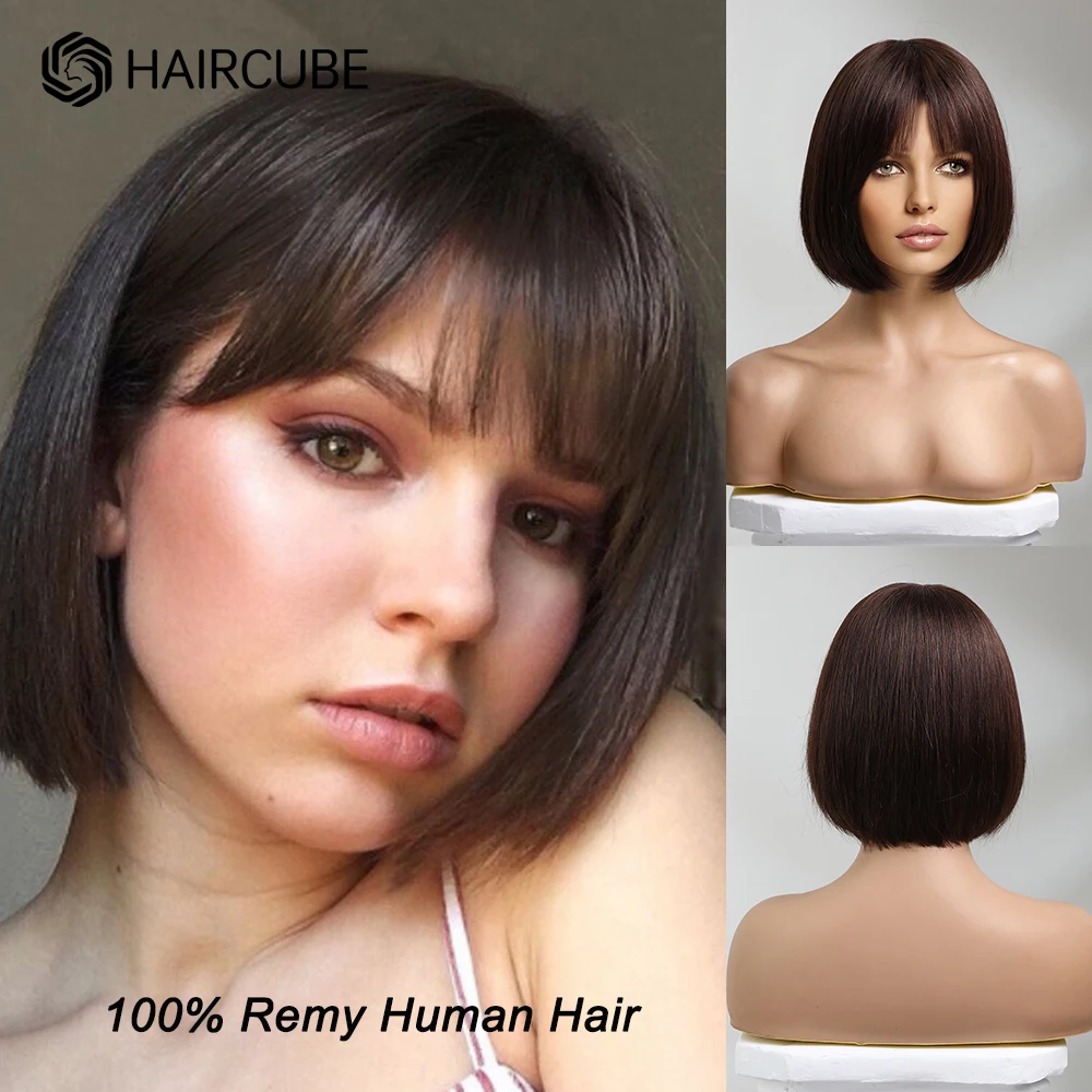 HAIRCUBE-Peluca de cabello humano liso para mujer, con flequillo postizo de pelo Natural, pelo Remy marrón oscuro resistente al calor, hecho a máquina