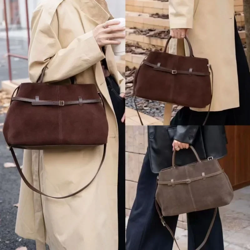 2024 Autumn New Genuine Leather Suede Women's Bag Large Capacity Tote Frosted Single Shoulder Diagonal Handbag for Women