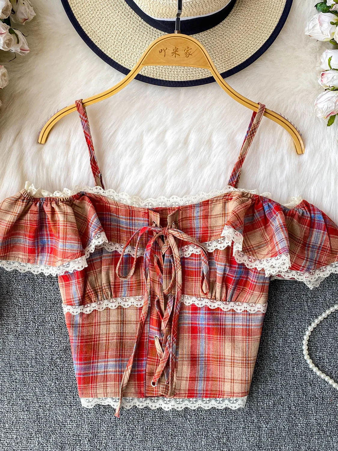 

Slim Fit One oulder Lace Trim Blouse Women's New Plaid Belt ort Top Korean Sle Commute Sle Bellsve Casual irt