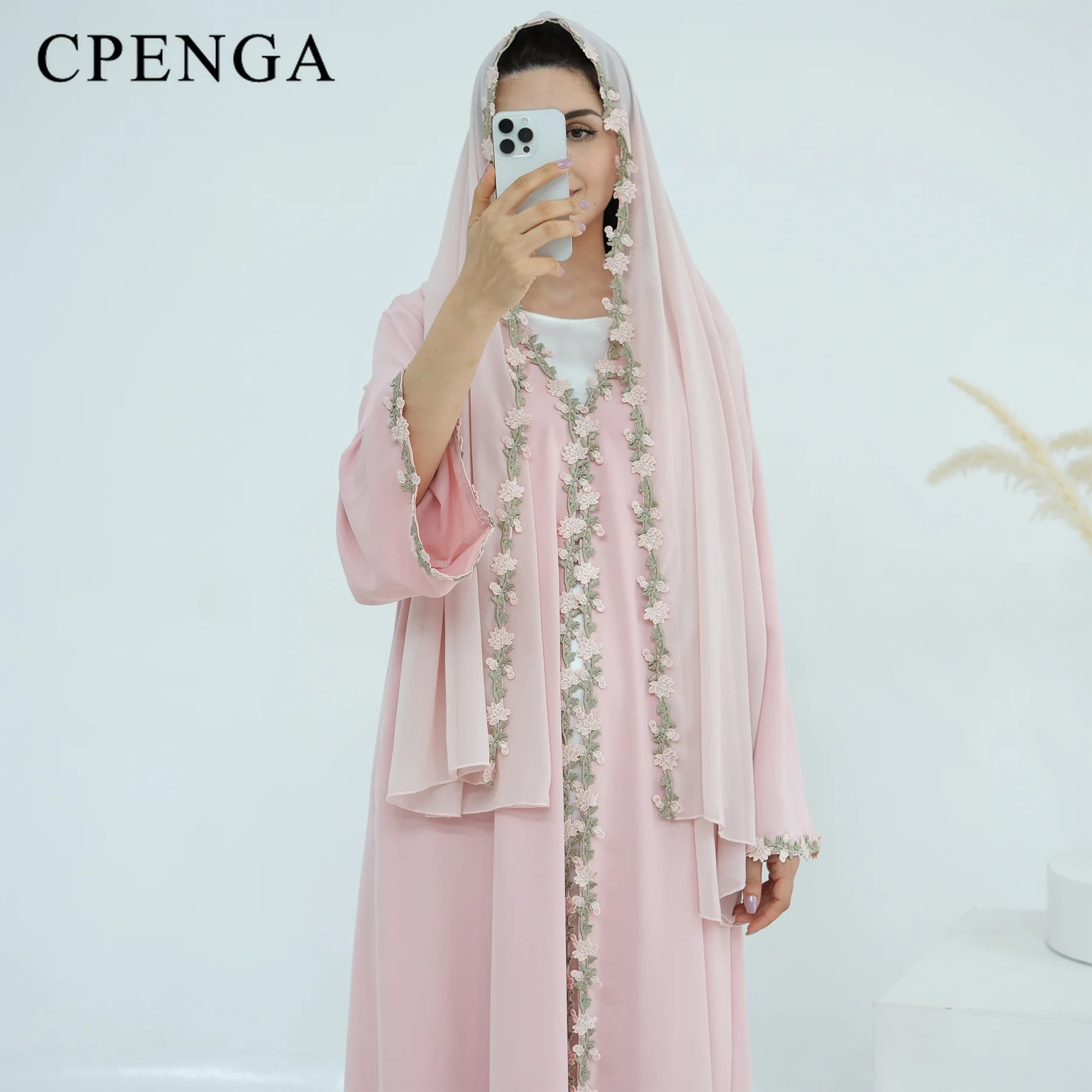 

Luxurious Floral Embroidered Dubai Hijab Abaya Two Piece Muslim Outfit Set Elegant Islamic Holiday Jalabiya Dress Turkey Kaftan