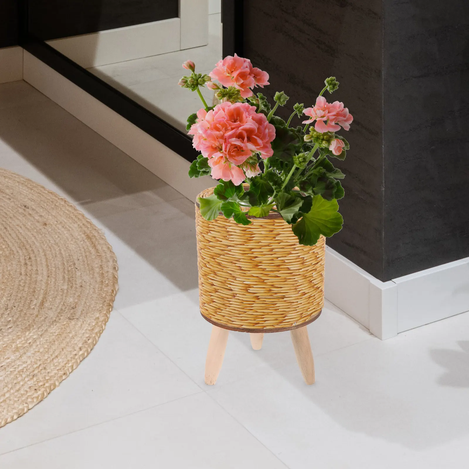 Woven Plant Basket Wood Flower Pot Stand Tripod Design Indoor Plant Rack Home Decor Succulent Holder Bonsai Shelf Sturdy Wooden