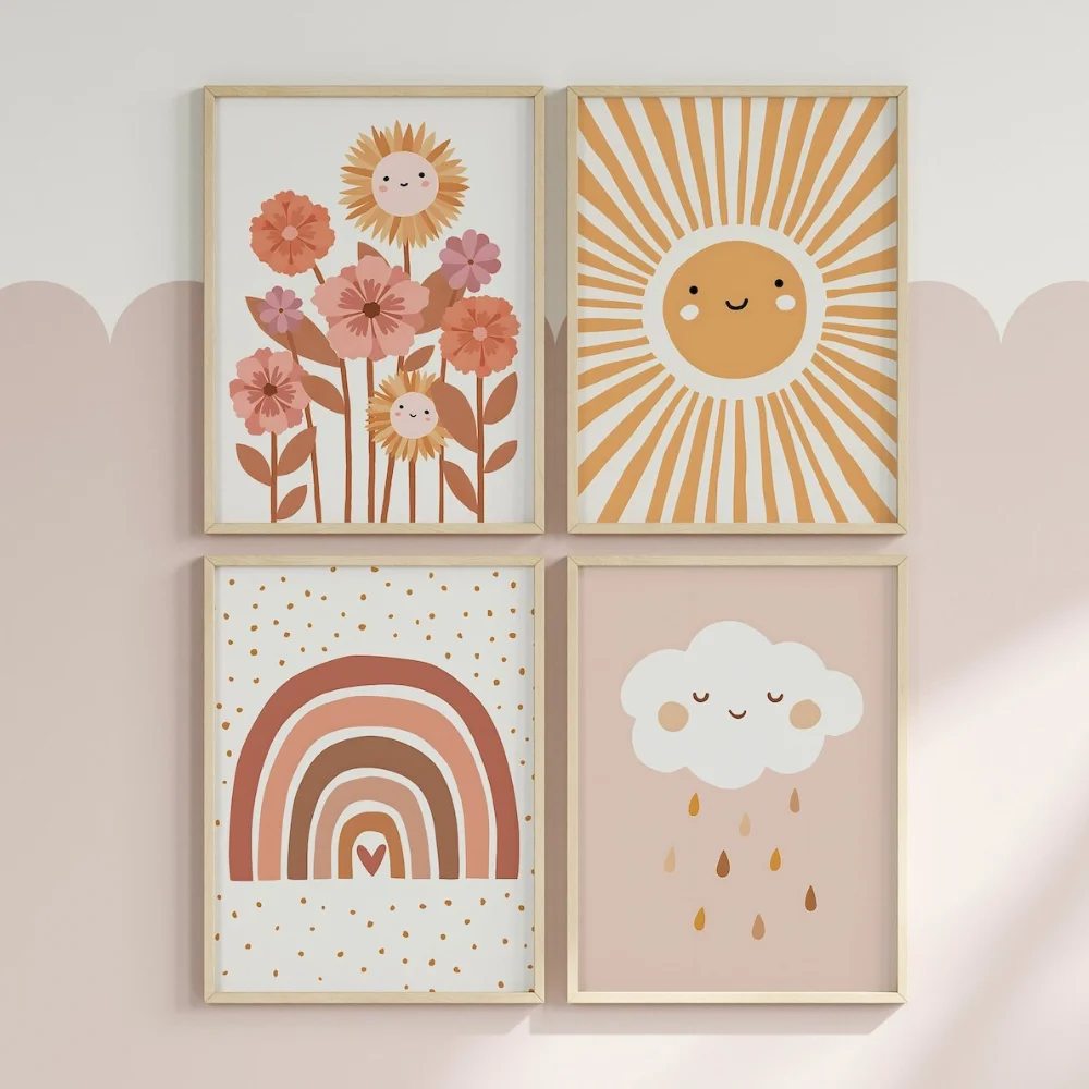 Bohemian Canvas Cartoon Smiley Face, Sun Rainbow, Clouds, Flowers, Warm Clay Color Home Wall Decoration Poster