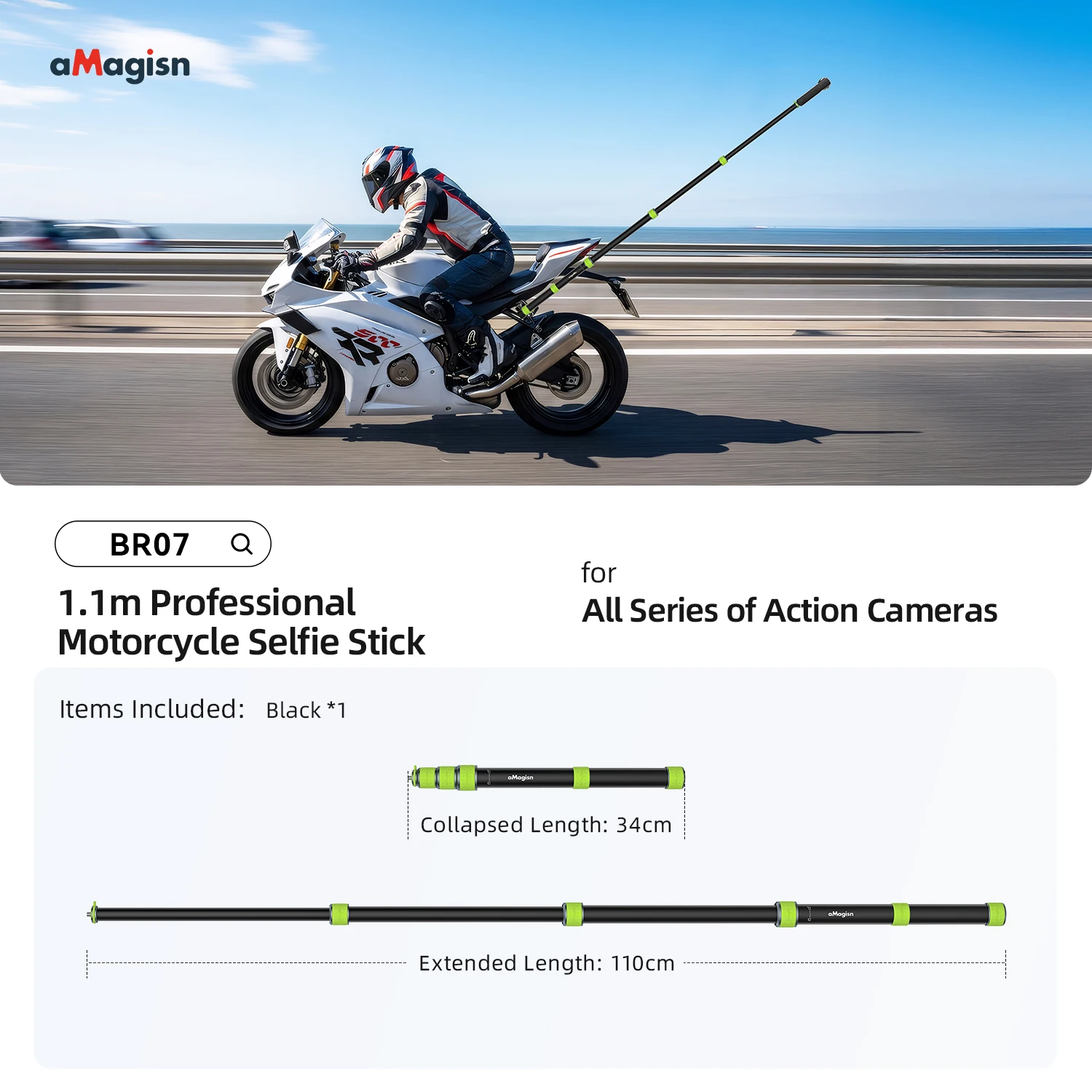 aMagisn 1.5m / 1.1m Motorcycle Selfie Stick 1/4” Threaded Metal Telescopic Pole for GoPro DJI Insta360 X6 X5 X4 Air Accessories image 3
