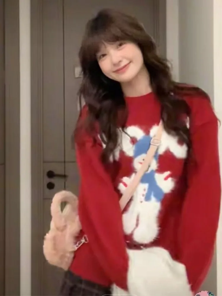 

Уникальный супер милый красный пушистый свитер со снеговиком, женский свободный ленивый мягкий уютный вязаный свитер, осенне-зимний сезон, полиэстер...