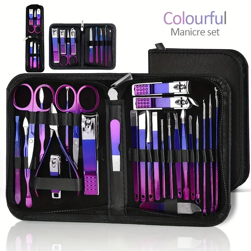 26/30pcs Zippered Gradient Manicure Set, Complete Stainless Steel Tools for Nail & Cuticle Care, Home & Travel