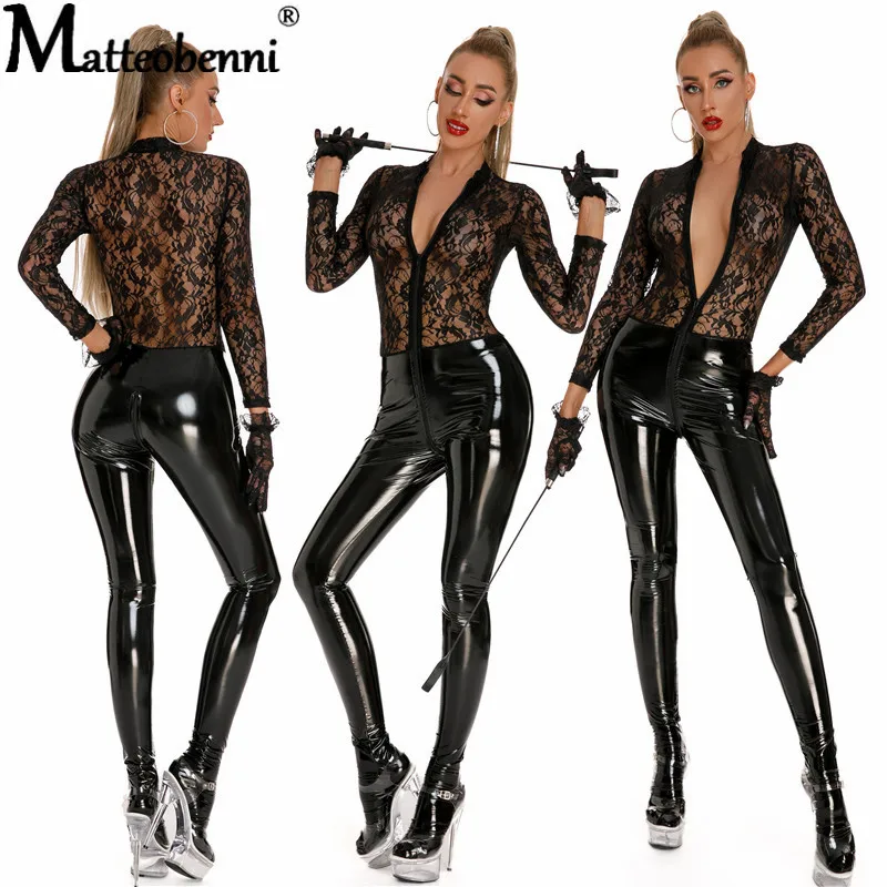 

Sexy Faux Leather Catsuit with Gloves Whip PVC Latex Bodysuit Zipper Open Crotch Clubwear Fetish Hot Erotic Pole Dance Lingerie