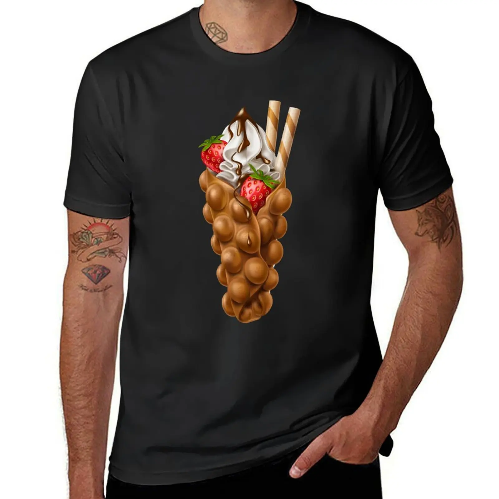 Egg Bubble Waffle Vanilla Ice Cream with Strawberry and Chocolate Topping T-Shirt tees cute tops mens graphic t-shirts anime