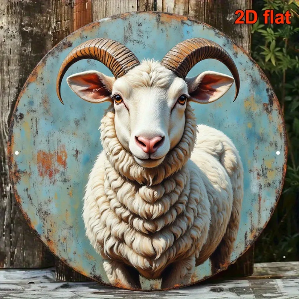 Vintage 2D Flachdruck Widder-Schaf Rundes Blechschild, Retro Realistisches Gehörntes Schaf mit Rostigem Blauen Hintergrund Metall-Wandkunst, Rustikal