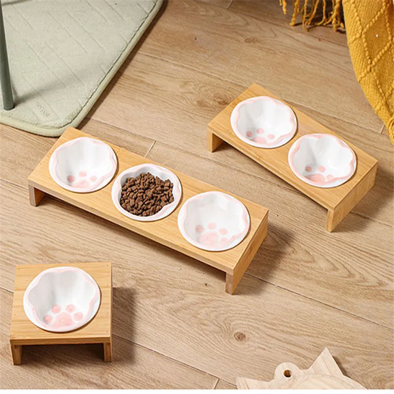 3 Bowls Cat Dog Feeders Bowl Ceramic Pet Food Tableware Water Bowl Bamboo Frame Antiskid Dog Cat Feeding Bowl Pet Supplies