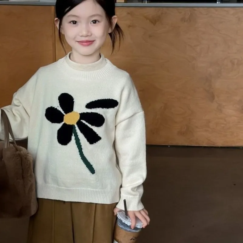 

Kids' Oversized Floral Sweater 2025 Autumn Winter Fleece-Lined Thickened Pullover Korean Style Trendy Knitwear