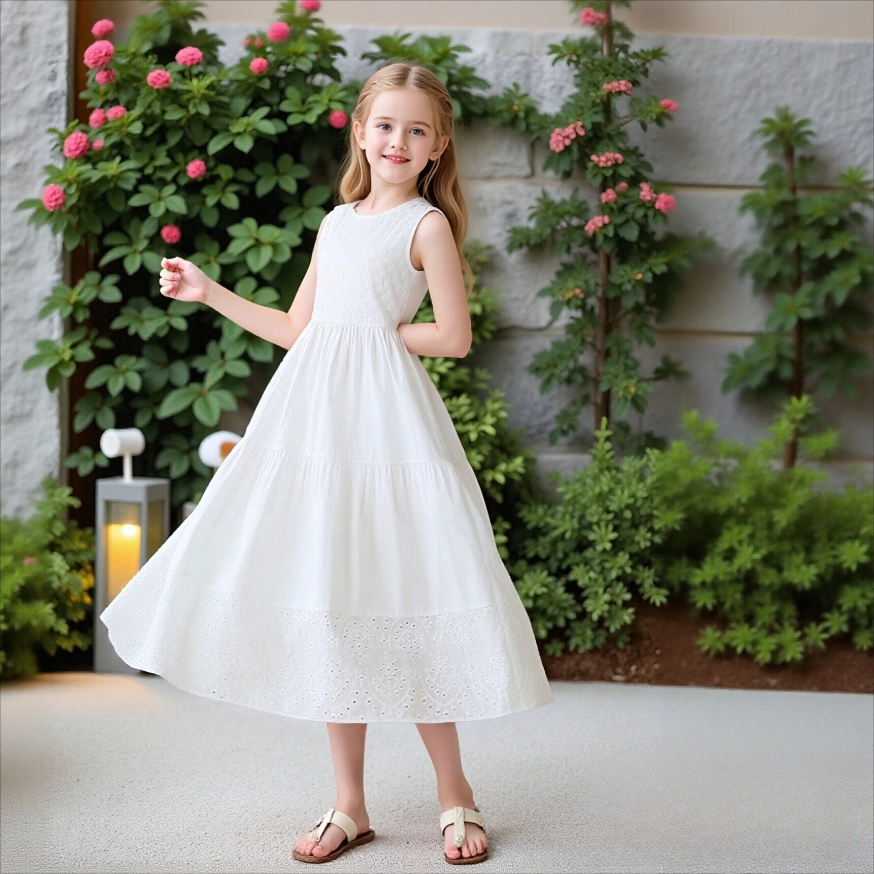 

Teen Girls White Embroidered Sleeveless Midi Dress | Tiered Eyelet Lace Cotton Dress for Kids Summer Casual Beach Vacation Wear