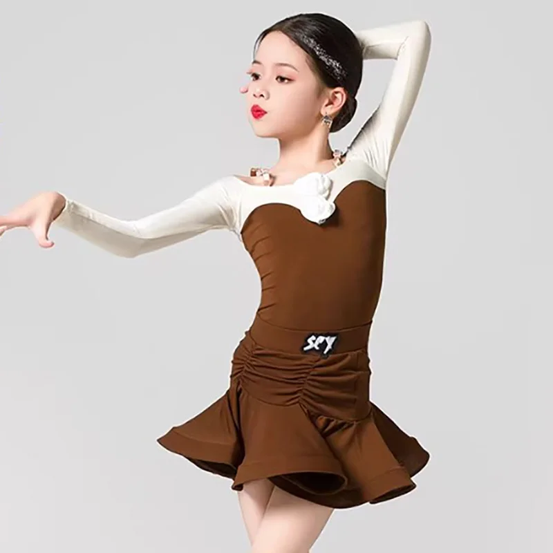 

Brown Girls Kids Long Sleeve Latin Dance Dress Children's Spliced Color Bodysuit with Skirt Set Performance Dancewear Costumes