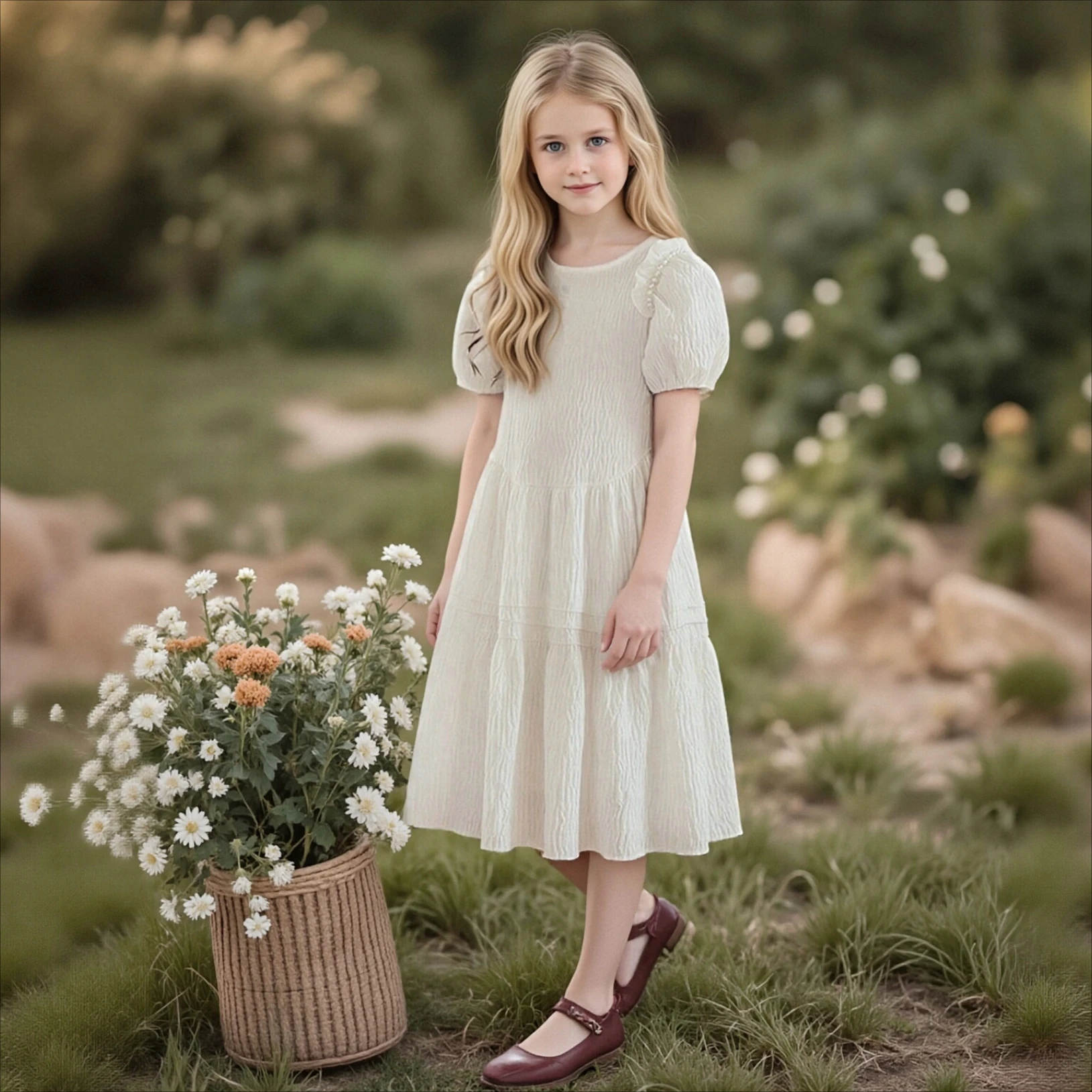 

Girls' White Textured Midi Dress - Puff Sleeve Pearl Decor Tiered A-Line Casual Sundress for Kids 6-14 Y Breathable Summer Dress