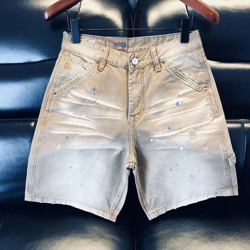 Men's Denim Shorts 2026 Vintage Style Yellow Brown Washed with Paint Pattern, Ripped, Durable, Versatile Five-Point Workwear, Da