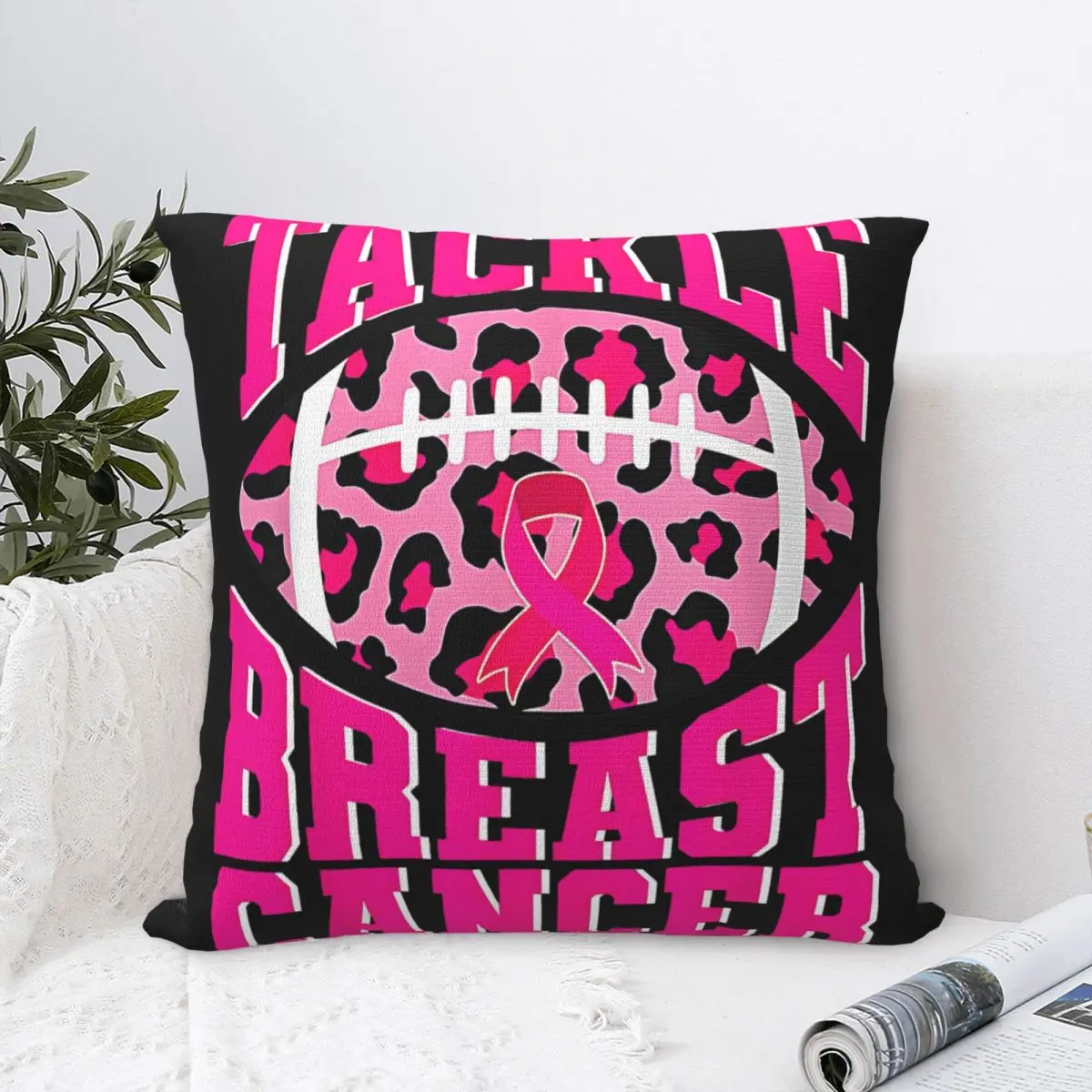 Breast Cancer Awareness Football Ribbon Tackle Breast Cancer Pillow Covers Home Cushion Case Cute Decorative Pillow Cover 45*45