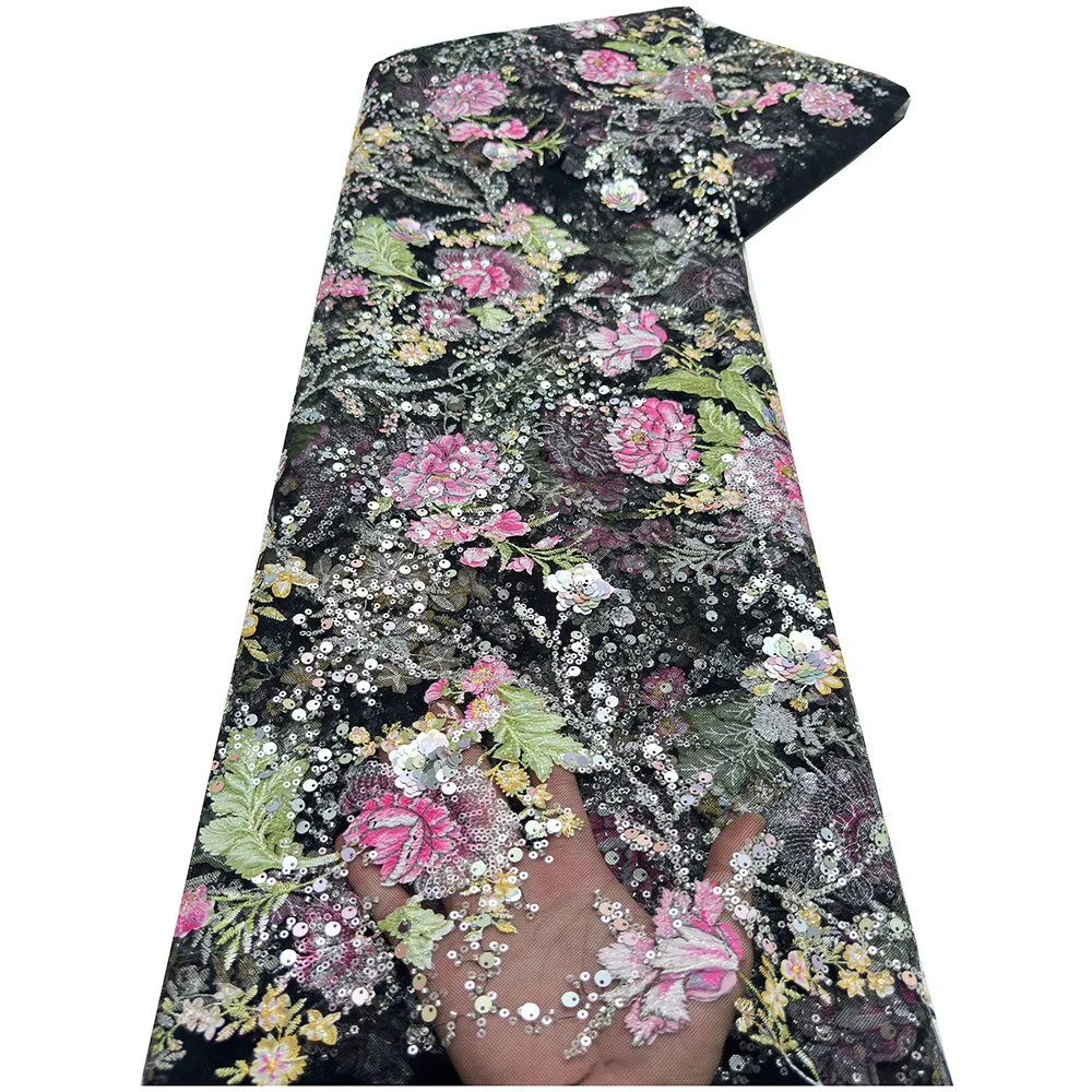 

French Mesh Lace Bead Tube Sequin Embroidery Mesh Lace Wedding Dress Fabric National Style Laser Cloth Embroidery Bead Lace