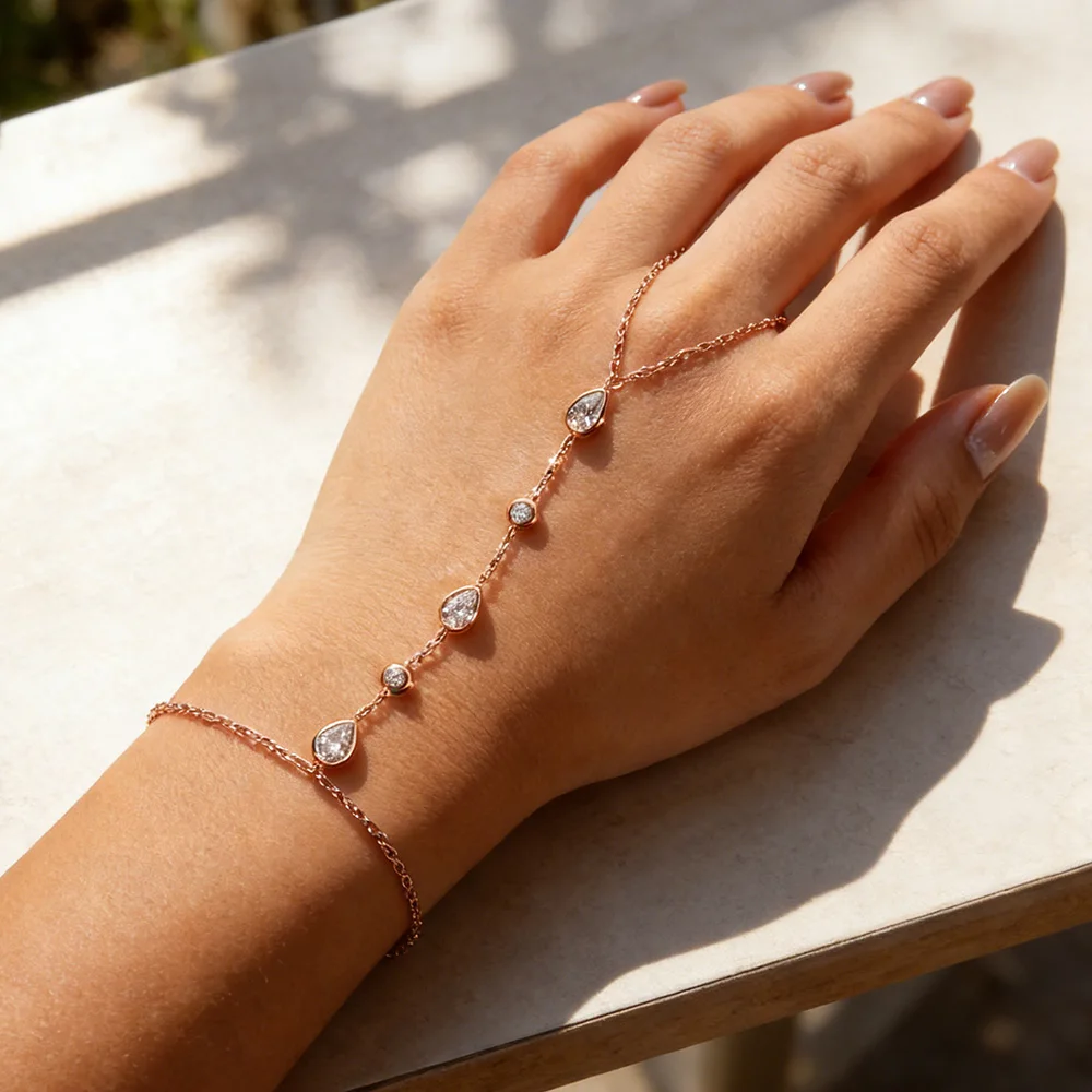 EWYA Dainty All Pear Round Cut Moissanite Finger Chain Bracelets Women 14-20cm Wrist Size Adjustable s925 Silver Hand Jewelry