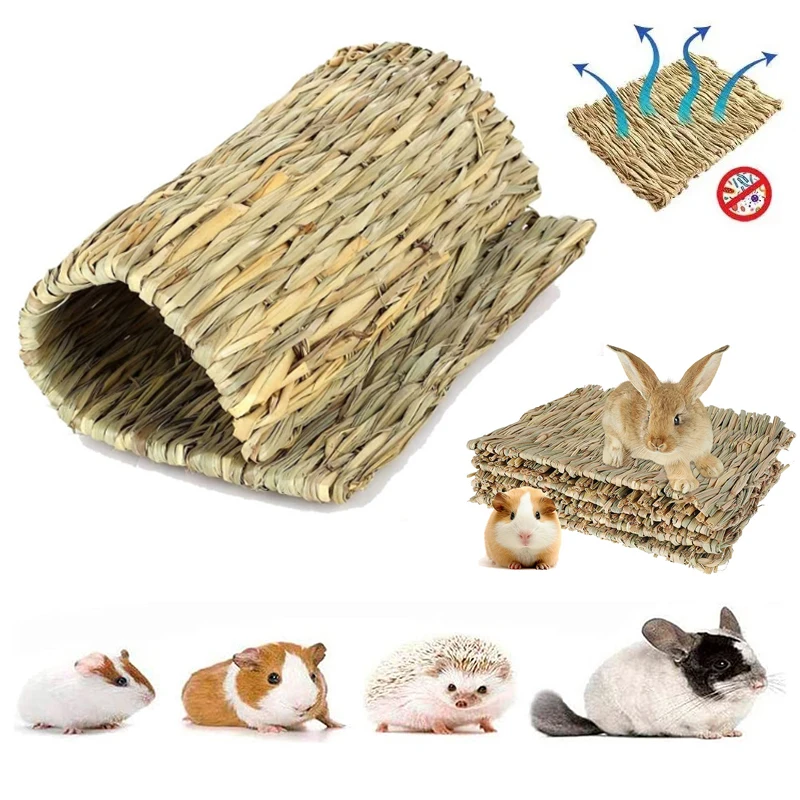 Rabbit Grass Chew Mat Small Animal Hamster Cage Bed House Pad Woven Straw Mat For Hamster Guinea Pig Pet House Cage Accessories