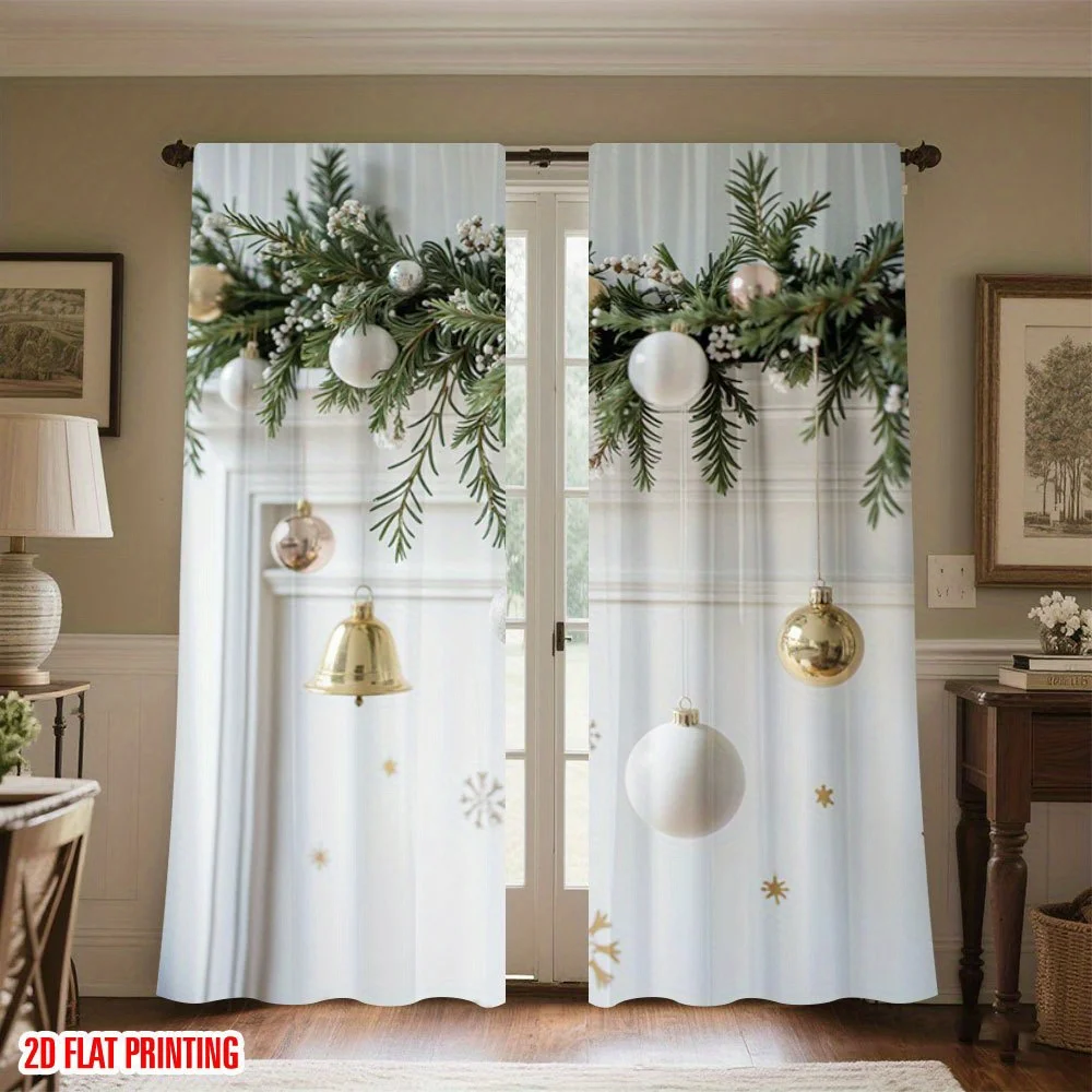2PCS Christmas Curtains, Pine Branch Garland White Bauble Gold Bell, Digital Print, Bedroom Living Room, Rod Pocket, Home Decor