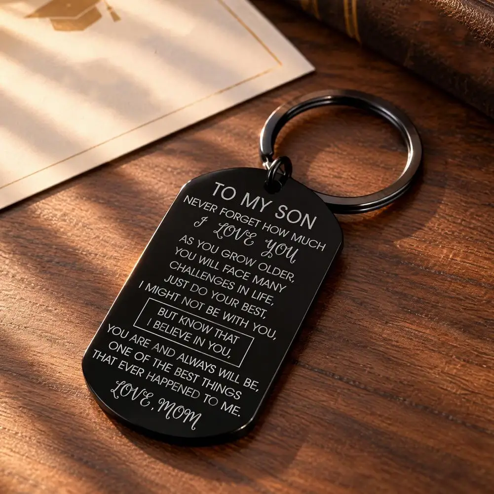 Commemorative Keychain for Growth Stainless Steel Keychain for Son Engraved Inspirational Message Keyring Black Texture Metal