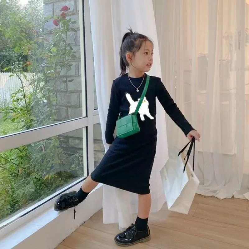 

Girls' 2025 New Winter Hepburn-Style Maillard Little Black Dress - Cartoon Cat Base Layer Maxi Dress for 4-12 Years Old