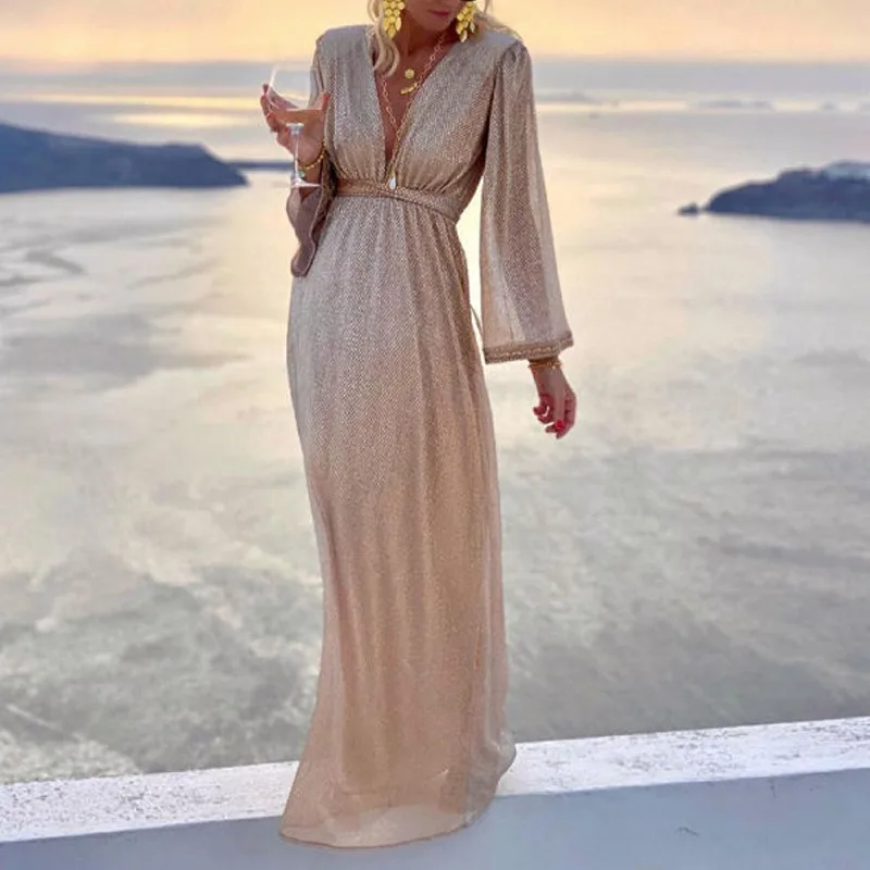 

Women's Apricot Fashion V Neck Long Sleeve Sequin Dress Temperament Commuting Summer New Female Elegant High Waist Party Dresses