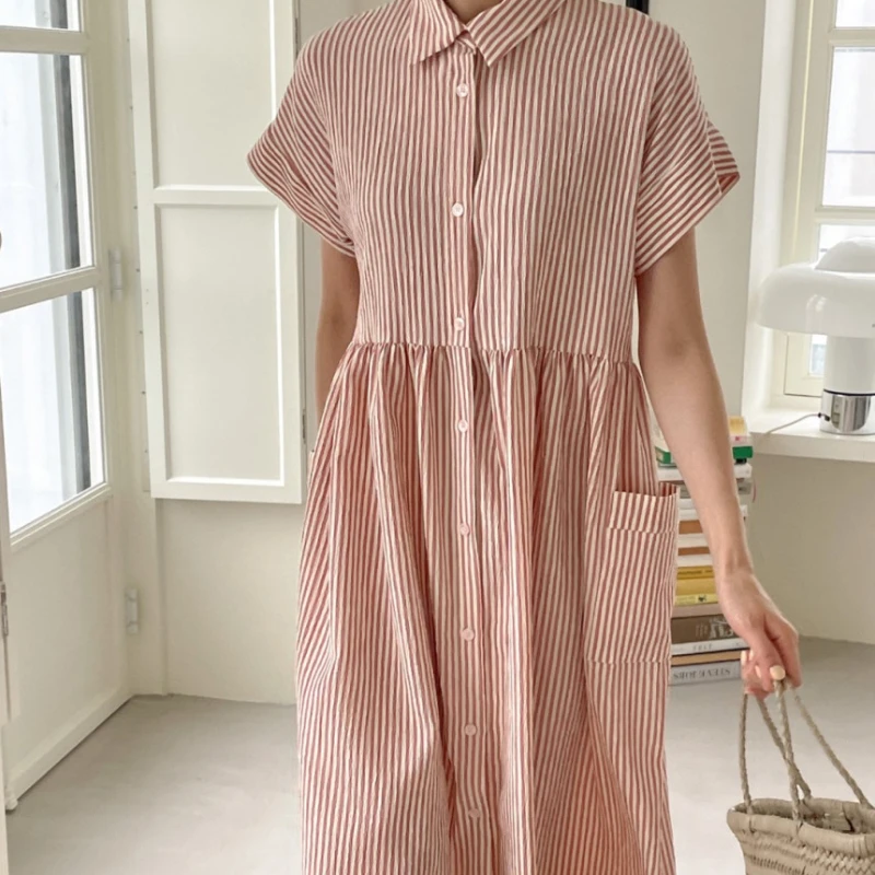REALEFT Summer Vintage Striped Single Breasted Women\'s Shirt Dresses 2024 New Korean Casual Straight Dress Pockets Female