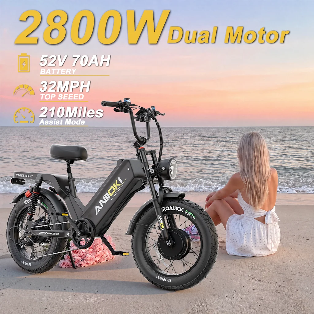 

Aniioki Ebike Dual Motor Electric Bike Adults 2800W 52v 70AH Ebike 32mph Long Battery Life aniioki aq177 pro max