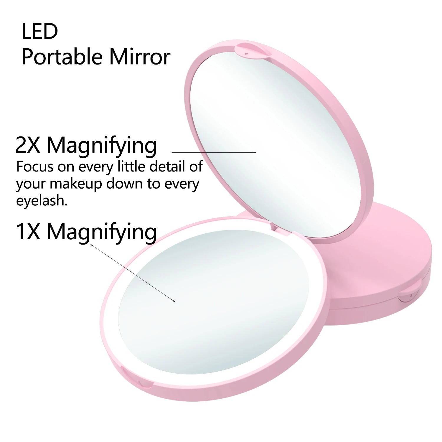 充電式両面ポケットミラー,コンパクトなバニティミラー,3色ライト,調光可能,小さなウォレットミラー,倍率1〜2倍