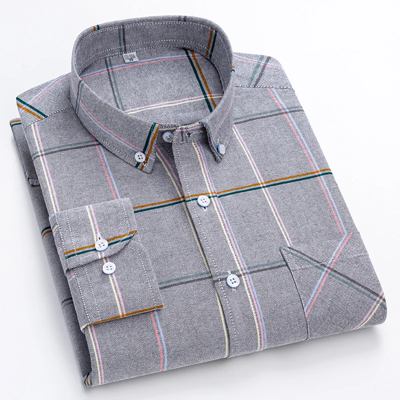 New Men\'s Social Shirts Plaid Stripe Fashion For Male Shirt Long Sleeve Cotton Oxford Casual Man Shirt Single Size 4XL 3XL 2XL