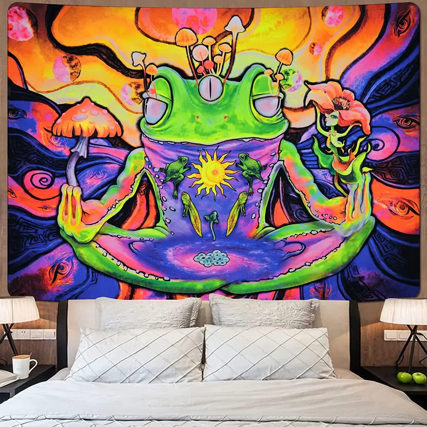 Blacklight Frog Tapestry UV Reactive Flower Tapestries Hippie Eyes Glow In Dark Sun and Moon Aesthetic Wall Hanging for Bedroom